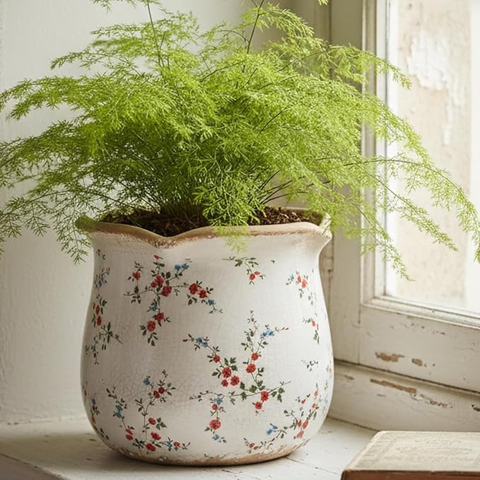 Ceramic Pots for Plants, Vintage Plant Pot with Drainage Hole, 6.11in. Planter for Indoor Plants, Crackle Glaze Finish Flower Pot, Perfect Tuscan Ceramic Planter for Gardening, Small Red Blooms