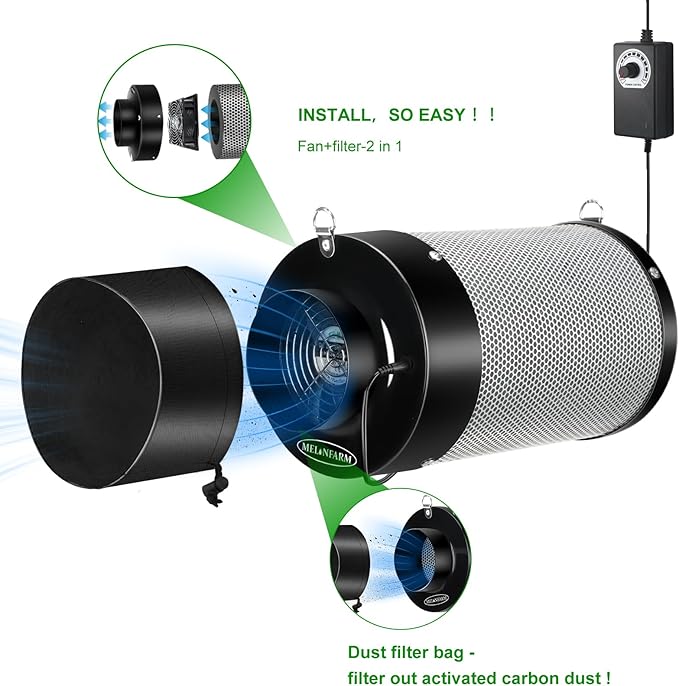 MELONFARM 4 inch Air Carbon Filter Smelliness Control with Australia Virgin Charcoal, Built-in 14cm Fan Low Nois and Speed Controller for Inline Duct Fan, Grow Tent, Vent Cover & Pre-Filter Included