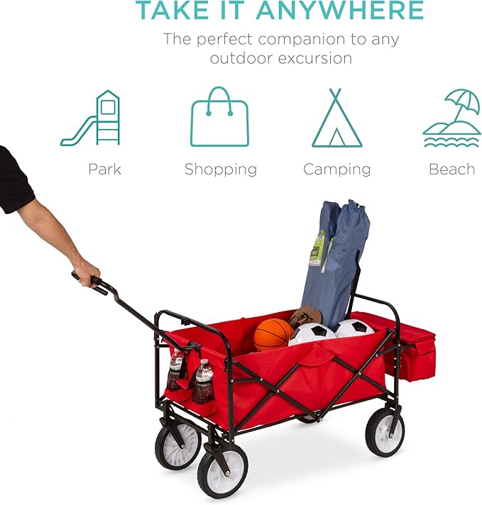Best Choice Products Collapsible Folding Outdoor Utility Wagon with Canopy Garden Cart for Beach, Picnic, Camping, Tailgates w/Removable Canopy, Detachable Pockets, 150lb Weight Capacity - Red