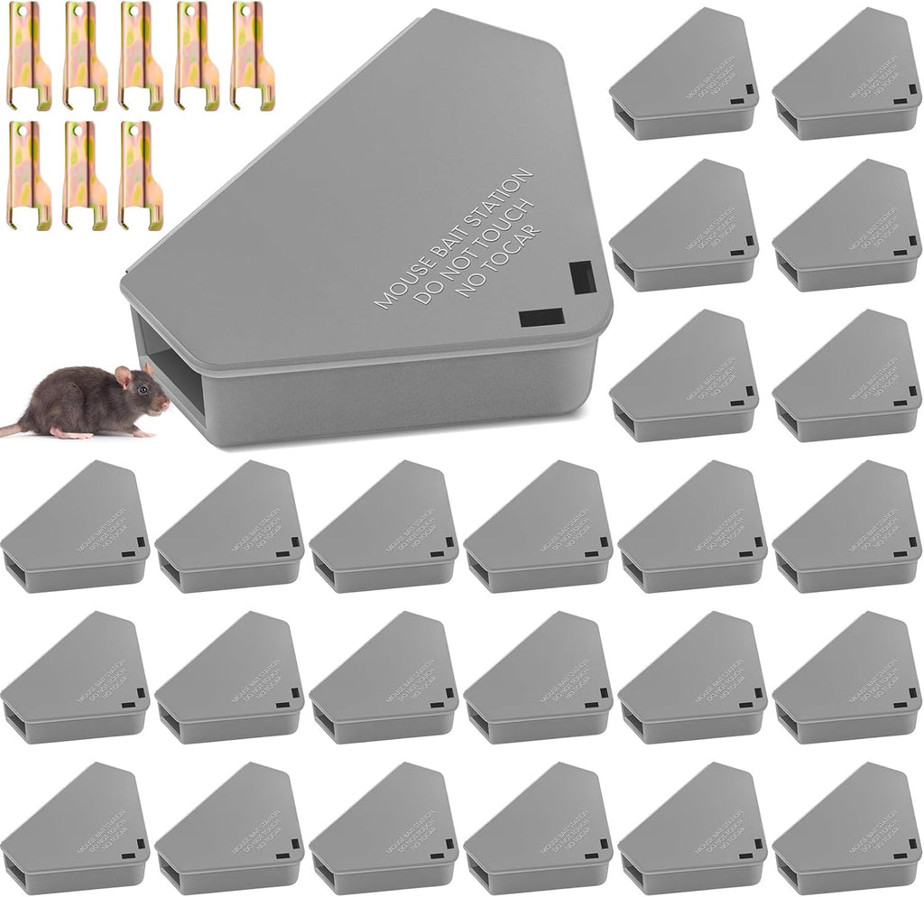 Qualirey 12 Pcs Mice Station with Key Triangle Bait Station Reusable Rodent Trap Box, Keeps Children and Pets Safe Indoor & Outdoor, Bait Not Included, Suitable for Small Mice (Black)