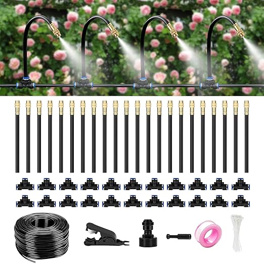 80FT Drip Irrigation System for Garden – Automatic Watering Kit with Solid Brass Metal Connectors, 360° Bendable Tubing &22 Adjustable Nozzles for Greenhouse, Lawn, Yard & Plants