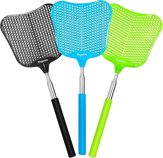 Telescopic Fly Swatter, Begonia Fly Swatter for Indoors,Manual Plastic Flyswatter Heavy Duty with Stainless Steel Telescopic Handle (3 Pack)