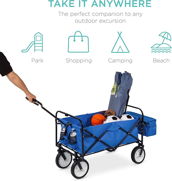Best Choice Products Collapsible Folding Outdoor Utility Wagon with Canopy Garden Cart for Beach, Picnic, Camping, Tailgates w/Removable Canopy, Detachable Pockets, 150lb Weight Capacity - Blue