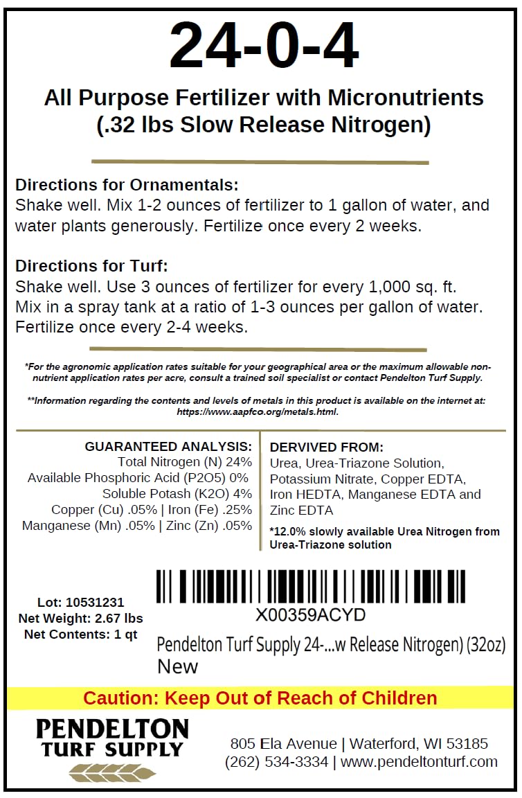 Pendelton Turf Supply 24-0-4 All Purpose Liquid Fertilizer with Micronutrients (50percent Slow Release Nitrogen) (32oz)