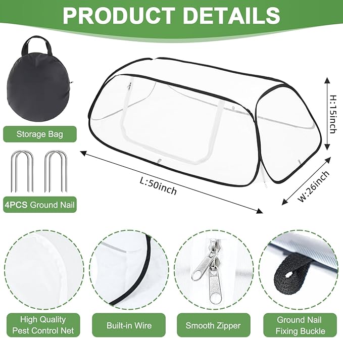 Garden Covers for Raised Beds 50" x 26" x 15" Pop Up Garden Rows Accelerator Plant Covers Insect Bird Barrier Greenhouse Cover Cage Plants Protector for Protecting Seedling Fruit Vegetable Row