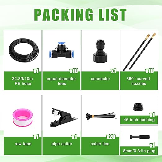 Garden Drip Irrigation System, 32.8ft Garden Sprinkler System 360 Degree Adjustable Drip Irrigation Kit for Greenhouse Yard Lawn Plants (10 Spray Nozzles)