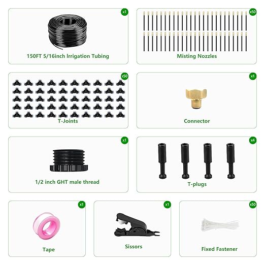 150FT Drip Irrigation System for Garden – Automatic Watering Kit with Solid Brass Metal Connectors, 360° Bendable Tubing &50 Adjustable Nozzles for Greenhouse, Lawn, Yard & Plants