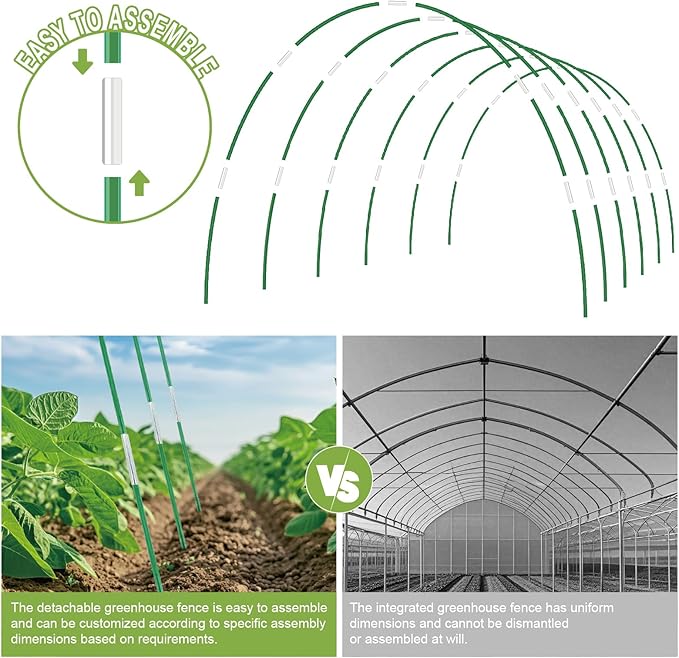 60PCS Garden Hoops for Raised Beds, 8FT Rust-Free Fiberglass Greenhouse Hoops, DIY Frame Stake to Create Grow Tunnels, Plant Support Row Covers & Garden Netting, 40Pcs Clips