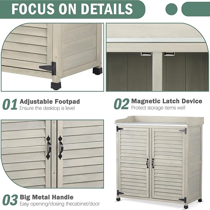 Gray Outdoor Potting Bench with Metal Work Top & Vented Louvered Doors,Waterproof Garden Storage Cabinet,Wooden Tool Station Shed for Backyard,Patio,Lawn Gardening