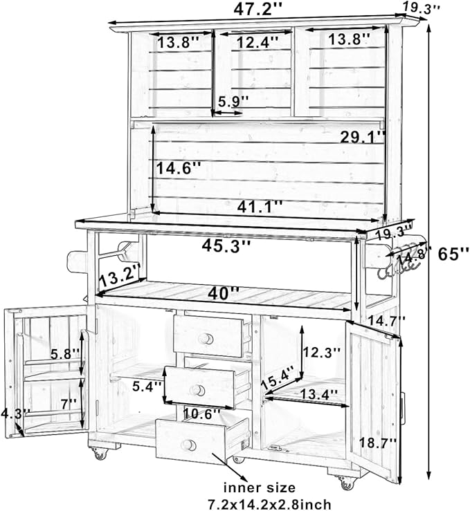 65''H Large Garden Storage Potting Bench with Lockable Wheels, Wood Outdoor Kitchen Island with Stainless Steel top, Drawers, Door Shelves and Hutch (Black-Wheels)