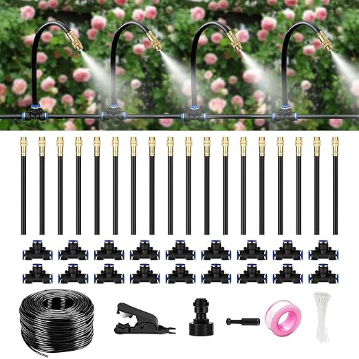 60Ft Drip Irrigation System for Garden – 360° Bendable Automatic Watering Kit with 18 Adjustable Nozzles, Misting Hose for Greenhouse, Lawn, Yard & Plants (60 FT)