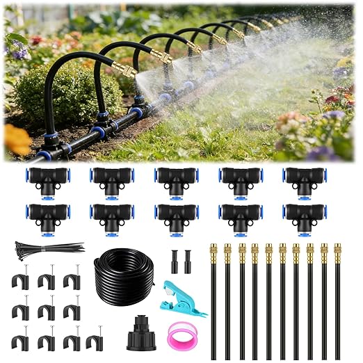 Drip Irrigation System 30FT, 1/4 inch Hose Garden Irrigation Kit with 10pcs 360° Adjustable Copper Nozzles, Upgrade Atomizing Watering System for Yard, Plants, Lawn, Greenhouses Accessories