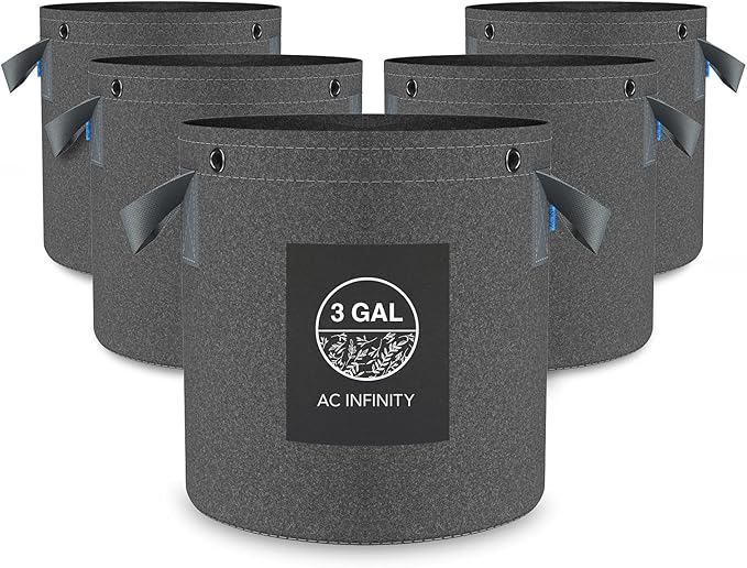 AC Infinity Heavy Duty Fabric Pots, 3 Gallon Aeration Reusable Grow Bags 5-Pack with 500G Thick Nonwoven Fabric and Multi-Purpose Rings, for Low Stress Plant Training Fruits, Vegetables, and Flowers