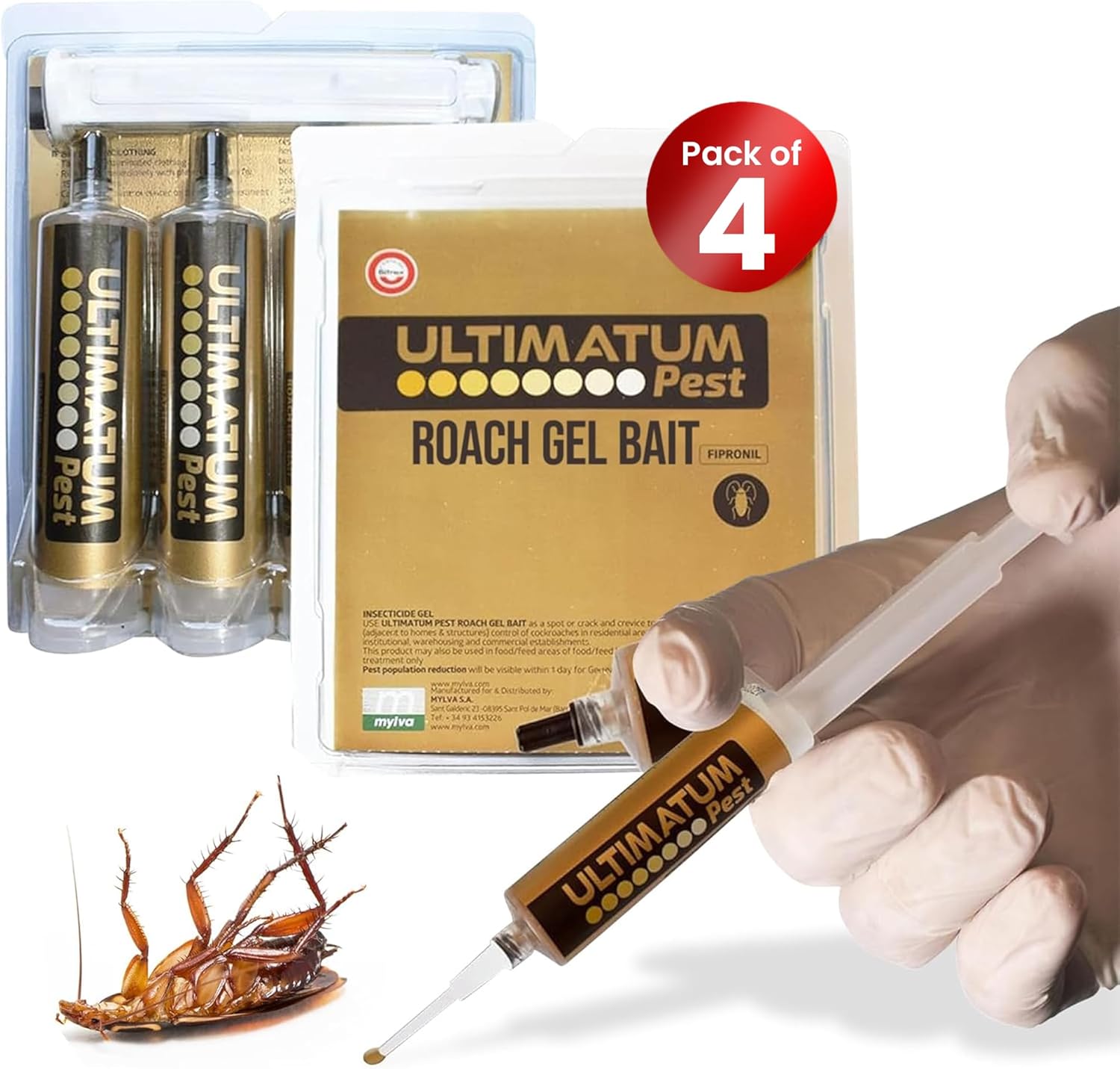 Roach Gel Bait - 4-Pack Syringes for Indoor Infestation, for Homes & Businesses, Cockroach Control, Efficient Roach and Ant Killer Indoors