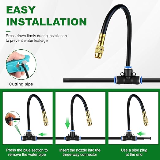 Drip Irrigation System 100FT, 1/4 inch Hose Garden Irrigation Kit with 30pcs 360° Adjustable Copper Nozzles, Upgrade Atomizing Watering System for Yard, Plants, Lawn, Greenhouses Accessories