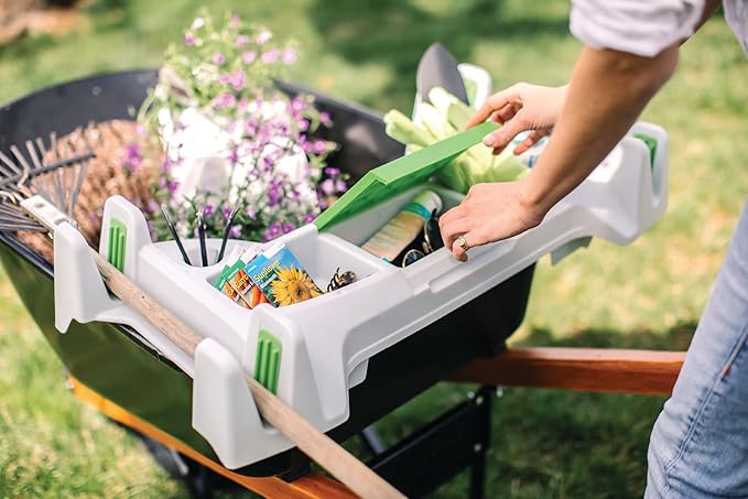 The Burro Buddy, USA Made Lawn/Garden Tray for All 4-6 cu. ft. wheelbarrows. Holds rake, Shovel, Short Handle Tools, Drinks & Water Tight Storage for Phone. Wheelbarrow not Included. Great Gift!