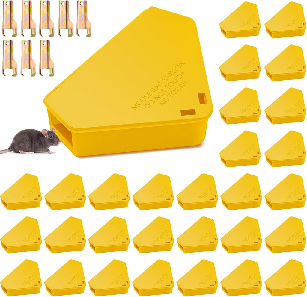 Qualirey 12 Pcs Mice Station with Key Triangle Bait Station Reusable Rodent Trap Box, Keeps Children and Pets Safe Indoor & Outdoor, Bait Not Included, Suitable for Small Mice (Black)
