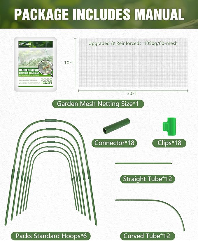 joyhalo Garden Netting for Raised Beds, 6 Sets Garden Hoops with for Raised Beds 10x30 Ft Garden Net, Bird & Cicada Net for Trees, Garden Mesh Netting for Greenhouse, Vegetable, 18 Clips Included