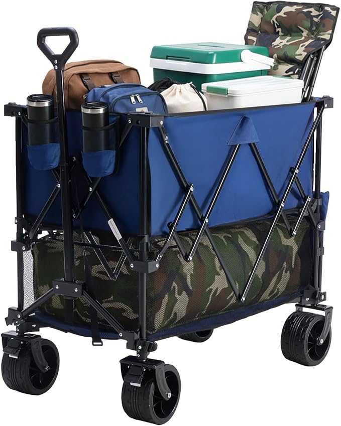 NEWBULIG Large Capacity Folding Double Decker Wagon with Brakes, 440lbs Wagons Carts Foldable Wagon Cart with Flexible Handle, All-Terrain Big Wheels for Grocery Sports Garden Camping