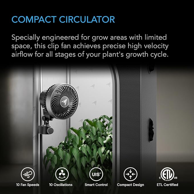 AC Infinity CLOUDRAY S4, Ultra-Compact Grow Tent Clip Fan 4”, Precision 10 Dynamic Wind Speeds, 10-Level Oscillation, Weatherproof IP-54, Specialized High-Velocity Circulation for Small Grow Spaces