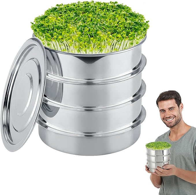 Stainless Steel Seed Sprouting Kit - 4-tier Microgreens Growing Tray 6in Dia, Stackable Round Seed Sprouter Maker with Encrypted Mesh, Sprouts Grower for Beans Broccoli Alfalfa Seeds Wheat Grass