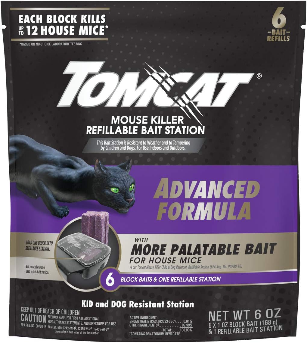 Tomcat Mouse Killer Refillable Bait Station with Advanced Formula Bait, 1 Station and 12 Poison Block Refills