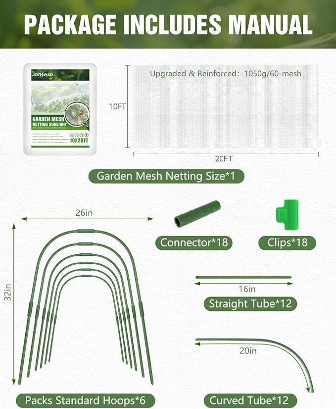 joyhalo Garden Netting for Raised Beds, 6 Sets Garden Hoops with for Raised Beds 10x20 Ft Garden Net, Bird & Cicada Net for Trees, Garden Mesh Netting for Greenhouse, Vegetable, 18 Clips Included