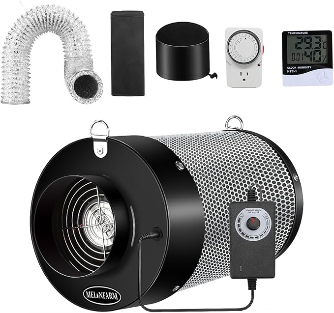 MELONFARM Air Filtration Kit 4", Built-in 14cm Fan Low Nois Carbon Filter with 12-Speed Controller, 8' Ducting & 6" Vent Cover, Cooling & Ventilation System for Grow Tents, Indoor Gardening