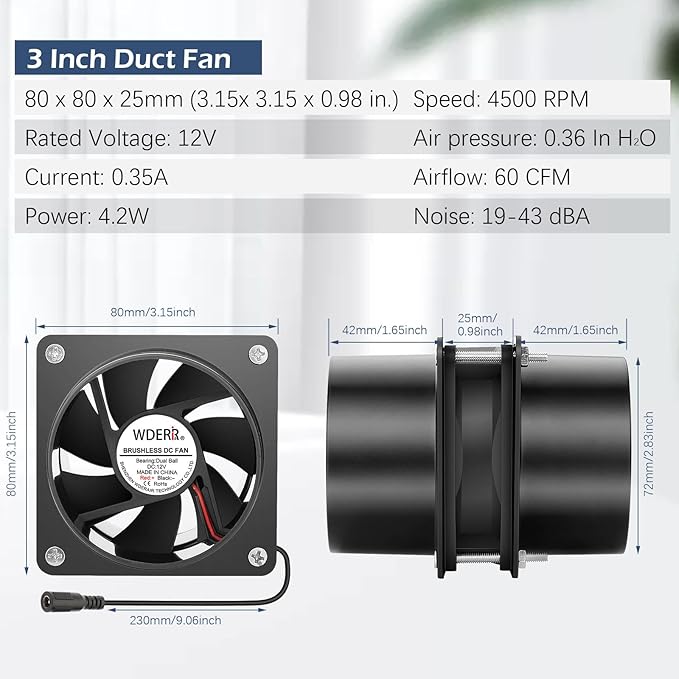 80mm x 25mm 3 Inch Duct Household Ventilation 12V Exhaust Fan with Speed Controller for DIY Greenhouse 3D Print Smoke Paint Fume Extractor-D8025