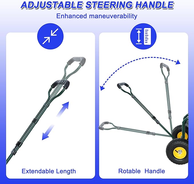 Heavy Duty Garden Cart Rolling Scooter with Adjustable Swivel Seat, 360° Rotation, 10" Pneumatic Tires, Extendable Steering Handle & Tool Basket – Outdoor Yard Gardening Seat with Storage Tray (Green)