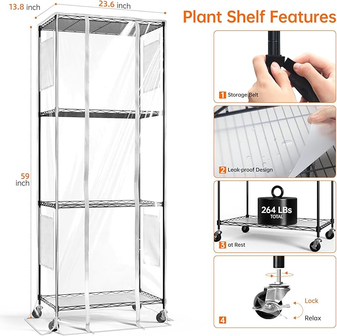 Bstrip Indoor Greenhouse with Grow Light, 23.5"x13.8"x59" Portable Metal Greenhouse Shelves with T8 2FT Full Spectrum Grow Light & Timer, Adjustable Plant Stand for Indoor Plant, Spring Seed Starting