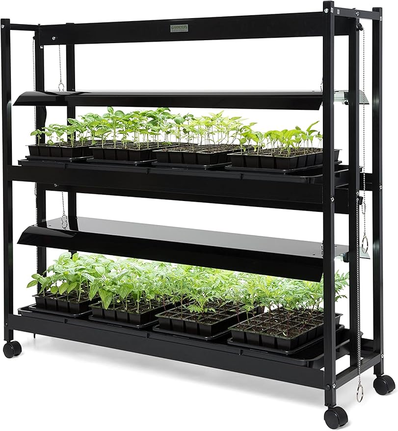 Gardener's Supply Company Sunlite 2-Tier Grow Light Plant Shelf | Includes 4 Energy-Efficient LED Bulbs & 2 Watertight Trays | Sturdy Indoor Greenhouse Garden for Seedlings, Succulents & Houseplants