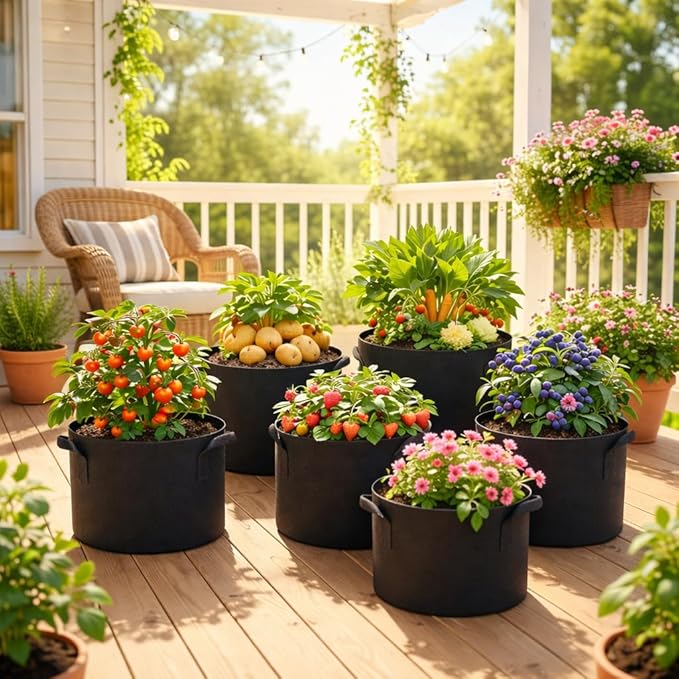 5 Pack 3 Gallon Fabric Grow Bags, Heavy Duty 300G Thickened Aeration Nonwoven Fabric Garden Pots with Handles, Planting Bag for Tomato, Potato, Strawberry, Vegetable, Fruits and Flowers