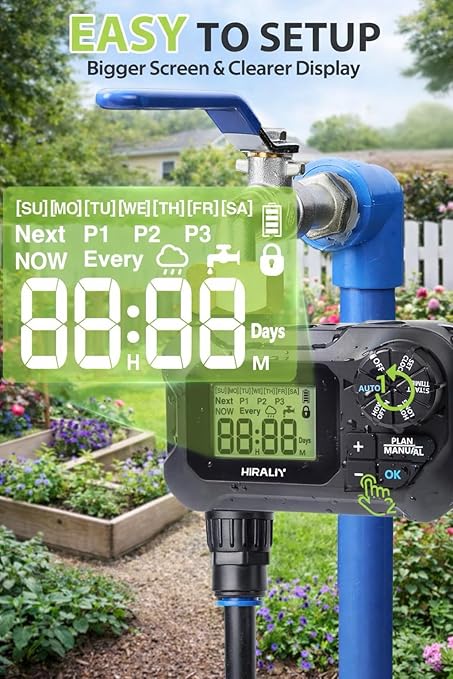 HIRALIY 50FT Automatic Drip Irrigation Kits with Garden Timer, Garden Watering System for Patio Lawn, Quick Connector Design Irrigation System Kit with Easy Programmable Water Timer