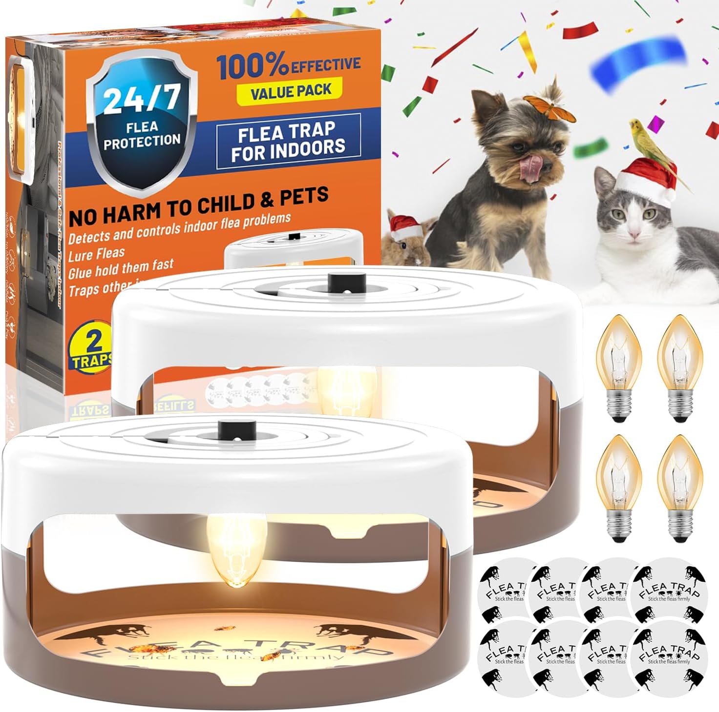 2 Pack Flea Traps for Inside Your Home, Indoor Flea Light, Bed Bug Killer with 8 Sticky Pads & 4 Light Bulb, Odorless Natural Insect Infestation Treatment Trap for Kid Pet