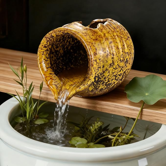 Ceramic Garden Fountain Spitter, Clay Pot Ecological Tank for Pond/Backyard Water Feature/Cave Waterfall/Landscaping, DIY Water Flow Jar Hydroponic Vase [5.5in, Iridescent Yellow]