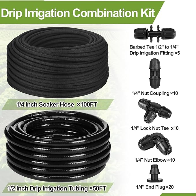 100 ft 1/4 Inch Soaker Hose 50 ft 1/2 Inch Drip Irrigation Tubing with Hose Connector Accessories Drip Irrigation System for Watering Garden Planters Flower Vegetable Lawn Yard