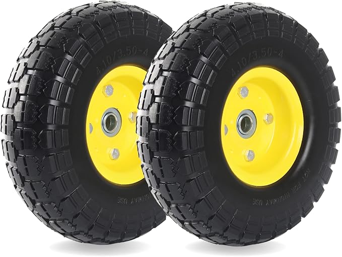 (2-Pack) 10-Inch Solid Tire Wheels - Replacement 4.10/3.50-4" Flat Free Tires and Wheels with 5/8" Axle Bore Hole Bearings, 2.17" Offset Hub -Perfect for Hand Truck, Wheelbarrow, Gorilla Carts