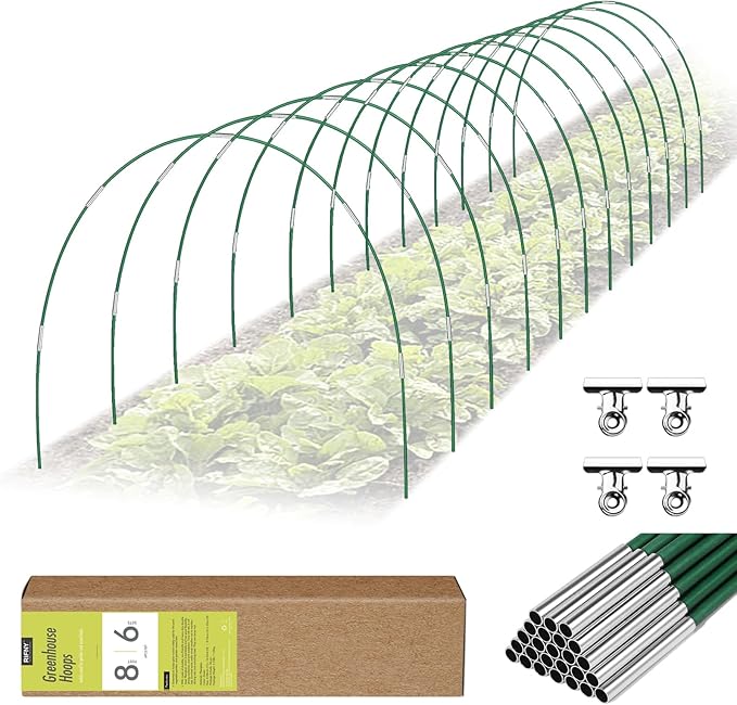RIFNY 72 PCS Garden Hoops for Raised Beds, 12 Sets Greenhouse Hoops Kit of 8 FT Long Grow Tunnel, Rust-Free Fiberglass Garden Support Poles for Insect Mesh Netting Freeze Plant Cover (Green)
