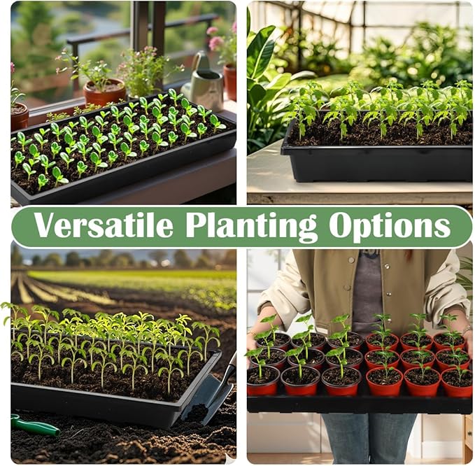 1020 Flat Seed Starter Trays 10 Pack, Plastic Nursery Pots Trays & Seeds Potting Plants Tray, Durable Carrying Seedling Starting Tray for Planting (Black)