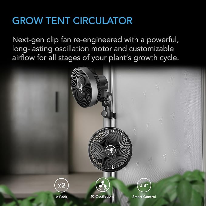 AC Infinity CLOUDRAY S9 2-Pack, Grow Tent Clip Fan 9” with Redesigned Long-Life EC Motor, Custom 10 Dynamic Wind Speeds and 10-Level Oscillation, for Hydroponics Circulation Cooling, 2-Count