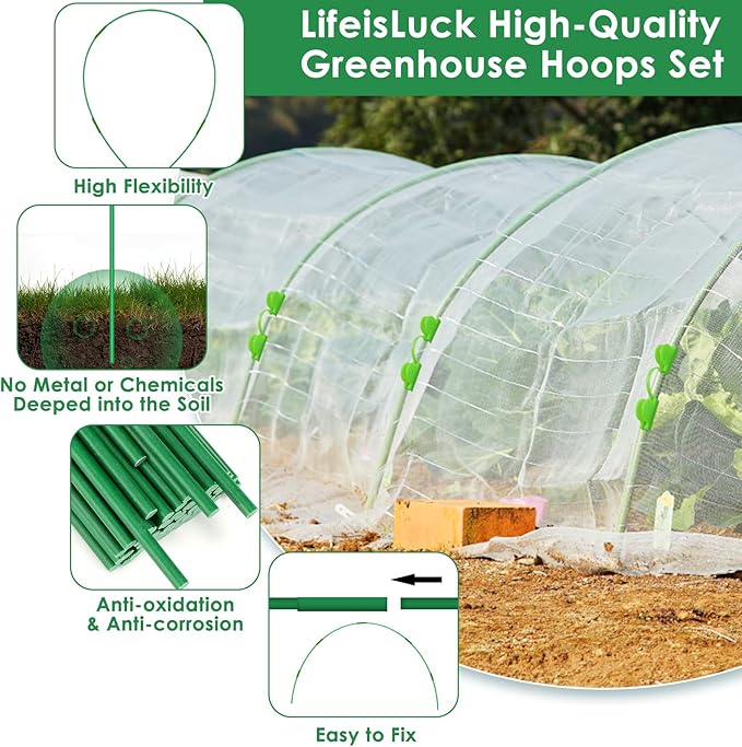 9 Sets Greenhouse Hoops for Raised Beds,45 Pcs Garden Hoops Grow Tunnel Rust-Free Fiberglass Garden Stakes Hoops, Plant Support Hoop House Kit Frame for Shade Cloth Netting Row Cover Garden Supplies