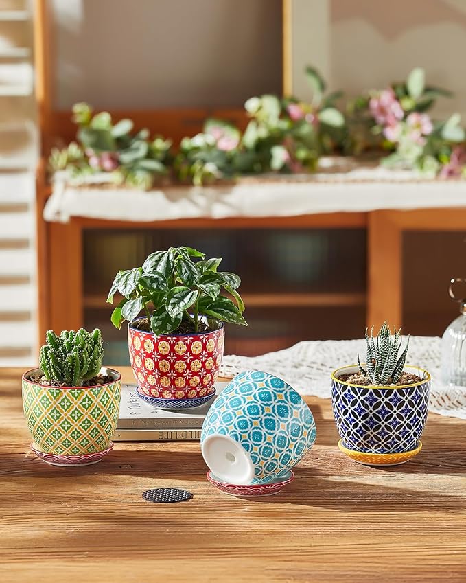 Succulent Ceramic Pots, 3.8 Inch Small Plant Pots with Drainage Hole & Saucer, Flower Planter Pot for Houseplants, Cacti, Home Decor, Set of 4, Vibrant Colors
