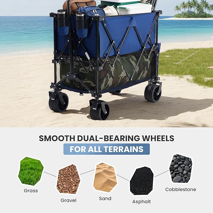 NEWBULIG Large Capacity Folding Double Decker Wagon with Brakes, 440lbs Wagons Carts Foldable Wagon Cart with Flexible Handle, All-Terrain Big Wheels for Grocery Sports Garden Camping