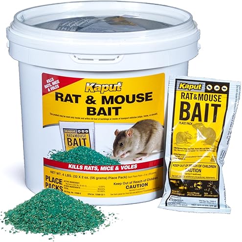 Kaput Combo Bait Pellets, Rat Bait to Kill Rodents & Fleas, Norway, House Mice, & Pine Voles - Includes Warfarin & Imidacloprid for Effective Pest Control (32 x 2oz Place Packs)