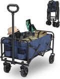 Collapsible Foldable Wagon with 220lbs Weight Capacity,Heavy Duty Folding Utility Garden Cart with All-Terrain Beach Wheels & Drink Holders for Grocery Outdoor Beach Gardening Shopping (Blue)