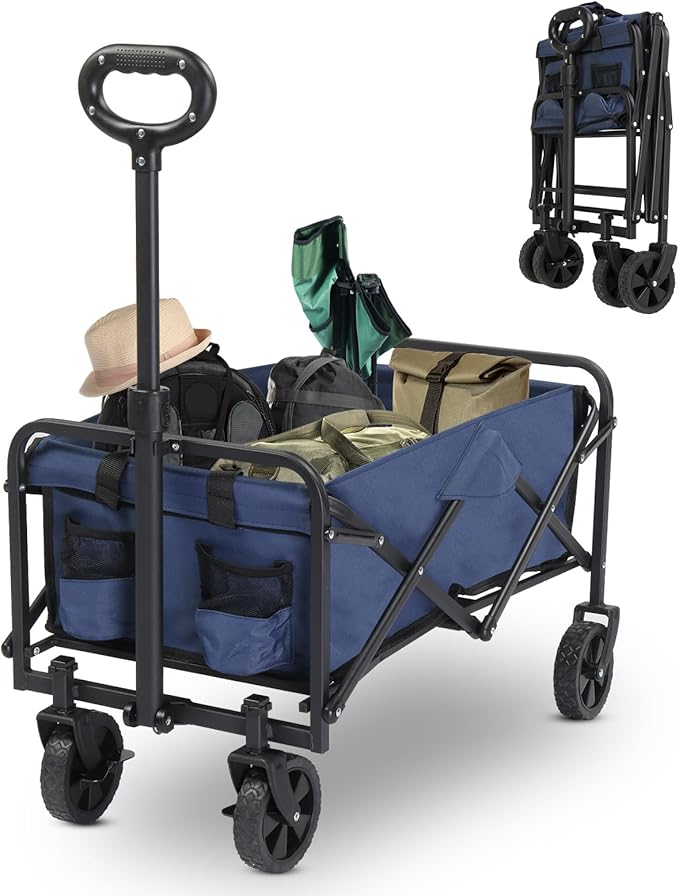 Collapsible Foldable Wagon with 220lbs Weight Capacity,Heavy Duty Folding Utility Garden Cart with All-Terrain Beach Wheels & Drink Holders for Grocery Outdoor Beach Gardening Shopping (Blue)