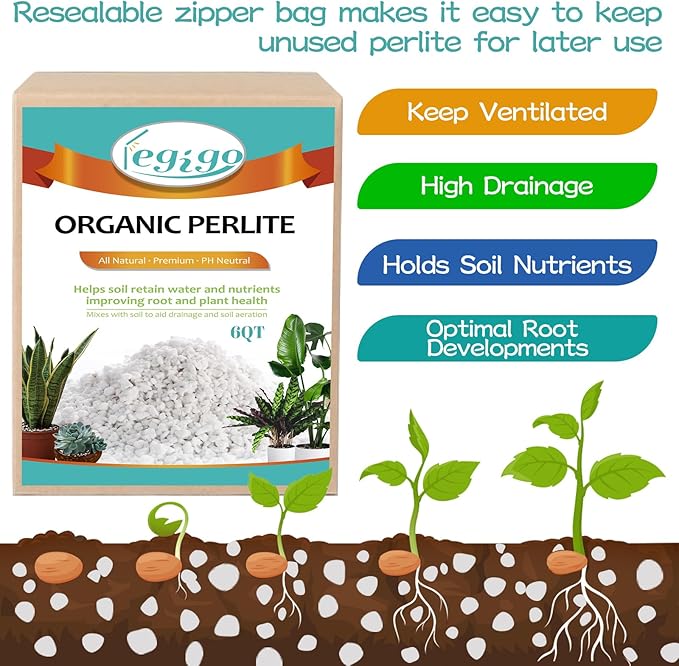 Legigo 6 Quarts Organic Horticultural Perlite for Plants Indoor- Natural Horticultural Soil Additive Conditioner Mix for Improves Drainage, Ventilation and Root Growth