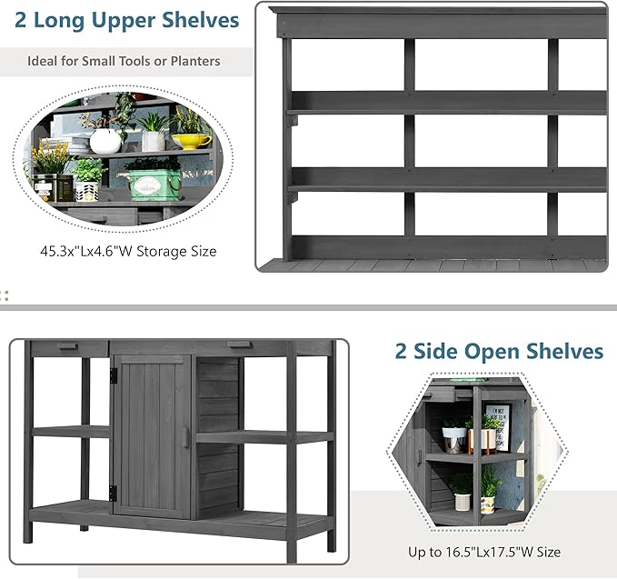 66'' Large Outdoor Farmhouse Wooden Potting Bench Table, Garden Workstation with 2 Drawers,Cabinet and Open Shelves for Backyard, Mudroom, Gray