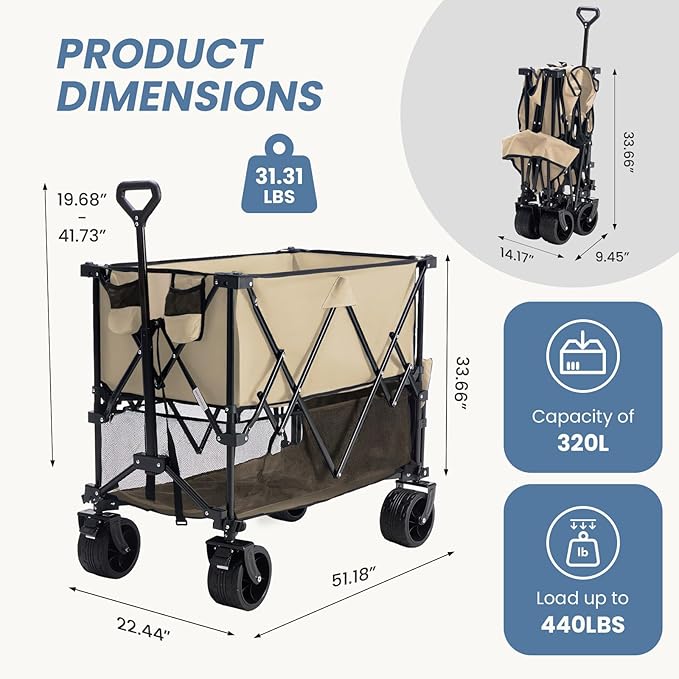 NEWBULIG Large Capacity Folding Double Decker Wagon with Brakes, 440lbs Wagons Carts Foldable Wagon Cart with Flexible Handle, All-Terrain Big Wheels for Grocery Sports Garden Camping